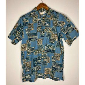Vintage Reyn Spooner Men's Small Pullover 1/3 Button Blue Palm Trees Shirt FLAW